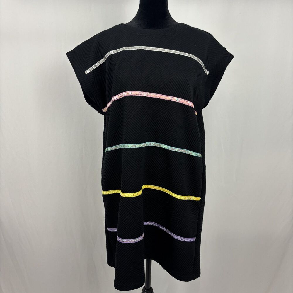 ENTRO Black Sequin Stripe Shift Dress Boutique Style M